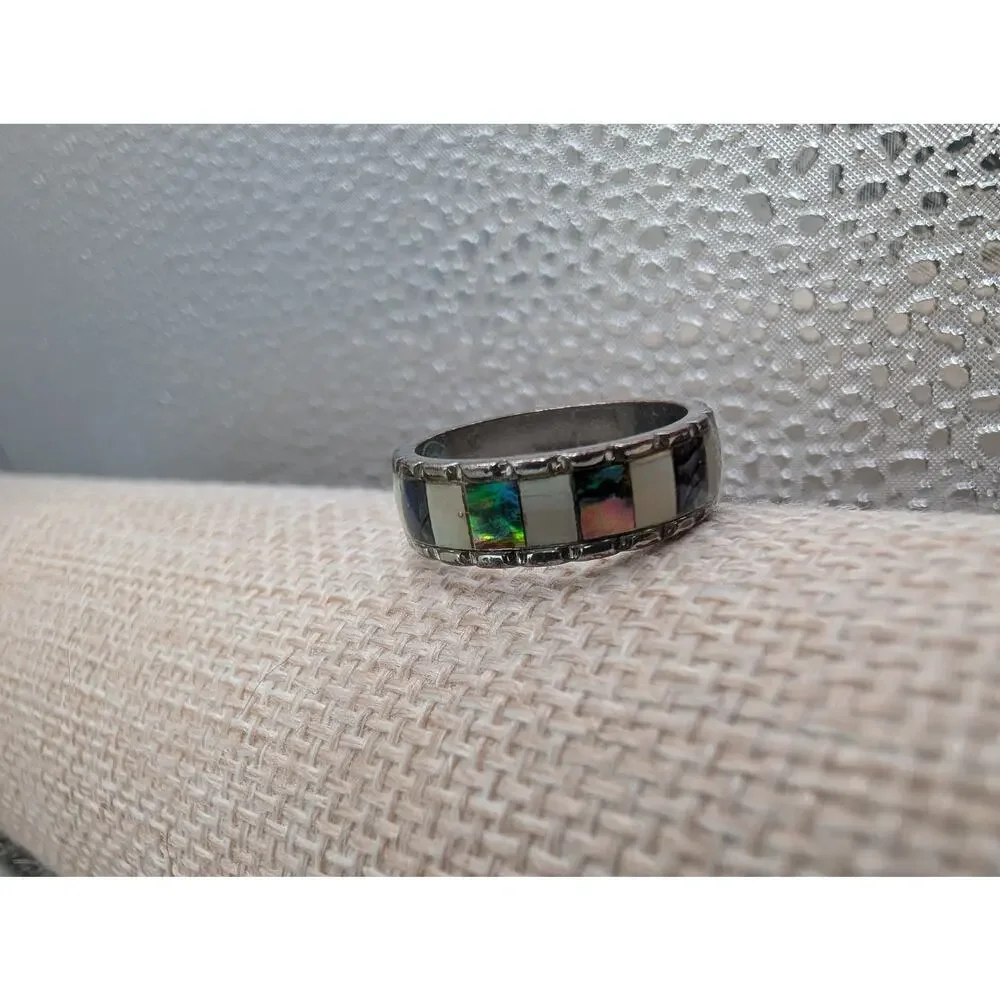 Fashion Band Ring Abalone Shell & Mother of Pearl Inlay Size 7 Silver Tone Wide